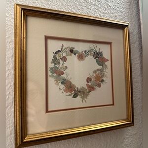 Small Vintage Floral Wreath Heart Framed Art with Gold Frame